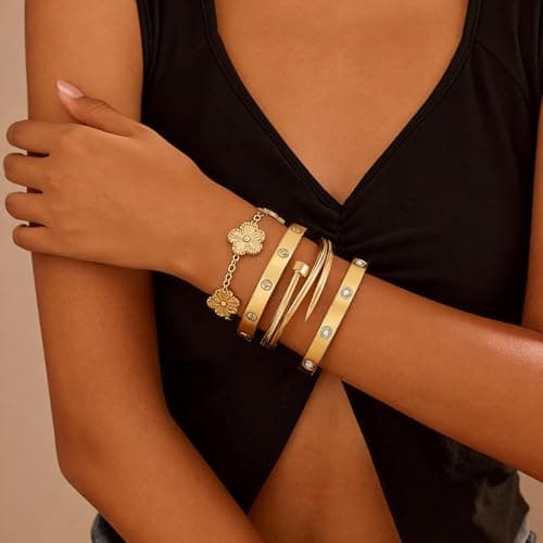 Stackable Gold Bracelets for Women - 4 Sets, 18K Gold Plated Bracelets, Stainless Steel Bangle Bracelets Non-Tarnish, Stylish Gold Jewelry Ensemble, Valentine's Day, Birthday and Christmas Jewelry Gifts - Thumbnail 3