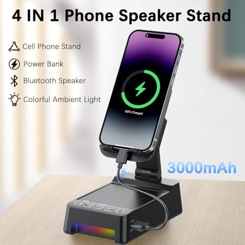Wireless Induction Speaker, 5 in 1 Bluetooth Speaker with Phone Stand and Power Bank(3000mAh), Birthday Gifts for Men Women Teens, LED Lights 360° Rotation Phone Holder Compatible with Phones iPad - Thumbnail 3