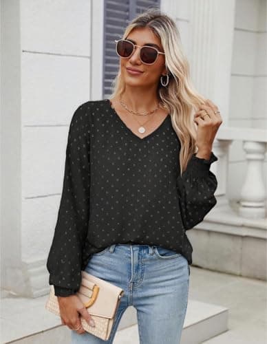 GAMISS Long Sleeve Top for Women Swiss Dot Shirt V Neck Knit Blouse Basic Shirt Black, S - Thumbnail 3