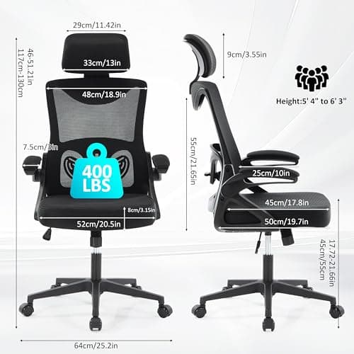 Fizzin Ergonomic Office Chair,Ergonomic Desk Chair with Headrest Mesh Computer Chair with High Back Adjustable Lumbar Support, Rolling Swivel Chairs with Wheel Armrests for Home Office,Black - Thumbnail 2