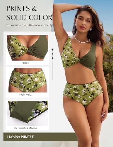 Hanna Nikole Bikinis Full Coverage Sexy Swimsuits for Women Colorblock Swimsuit Women Twist Front Bikini Top Green S - Thumbnail 4