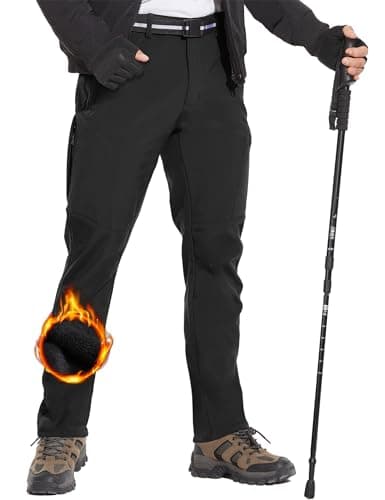 MOURCE Snow Pants Men Windproof, Elastic Waist Fleece Lined Hiking Pants Men with Belt, Black S