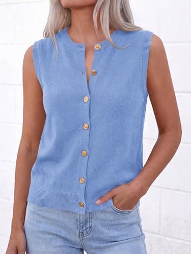 BTFBM Sweater Vest Women Casual Crewneck Loose Button Down Knit Sleeveless Cardigan 2026 Spring Clothes Summer Vest Tops(Light Blue, Medium) - Thumbnail 5