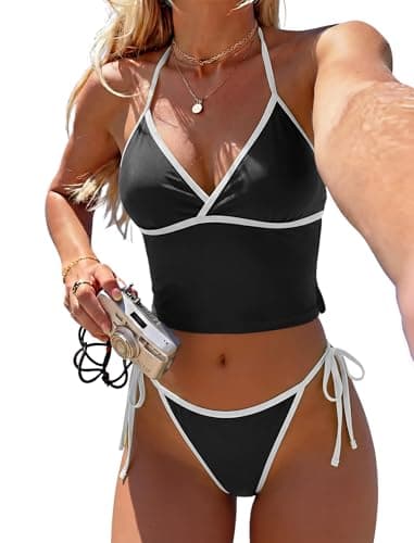 Jillumi Bathing Suit for Women Tankini Swimsuits High Waisted Bathing Suit Halter Two Piece Swimsuits Bathing Suits (Black M) - Image 1