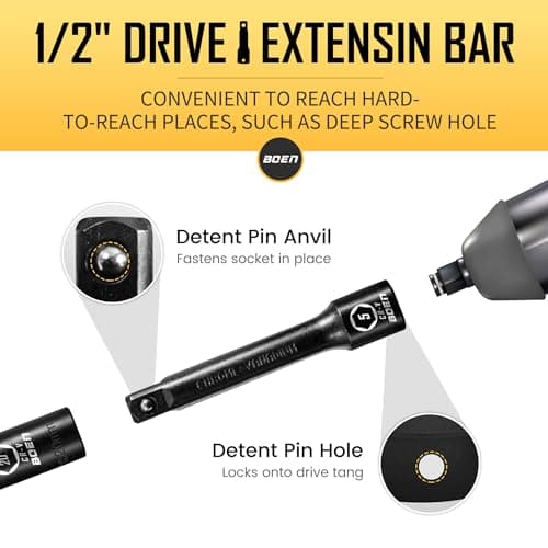 BOEN 35-Piece 1/2" Drive Deep Impact Socket Set - SAE 3/8"-1-1/4" & Metric 8-24mm, Extensions, Joint & Adapter, Cr-V Steel, Double Lock Case - Thumbnail 6