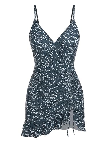 ZAFUL Womens One Piece Swimsuit Modest Tummy Control Bathing Suit Over 50 Ruffle Swim Dress V Neck Drastring Swimwear Dark Blue Dots S - Thumbnail 6