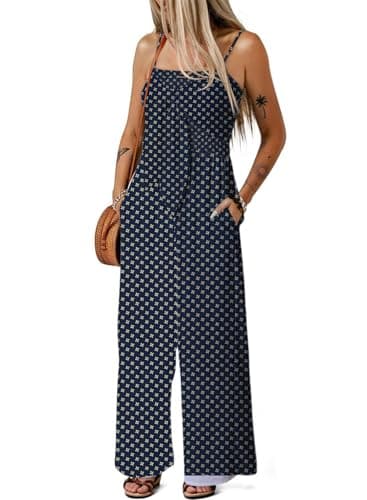 Dokotoo Jumpsuits for Women 2026 Fashion Womens Casual Loose Boho Overalls One Piece Sleeveless Stretchy Wide Leg Long Pant Rompers Outfits with Pockets Printed,Black-Star X-Large - Thumbnail 2