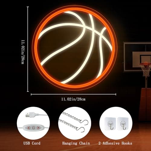 Basketball Neon Sign, 11.02×11.02 Inch LED Neon Light for Wall Decor, USB Powered Dimmable Sports Decor for Living Room Bedroom Game Room（Warm White & Orange） - Thumbnail 2