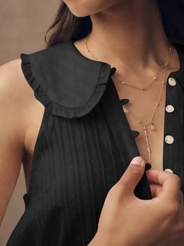 Womens Peter Pan Collar Sleeveless Shirt Summer Eyelet Cotton Button Down Tank Tops Casual Ruffle Flowy Blouse Vest Black - Thumbnail 6