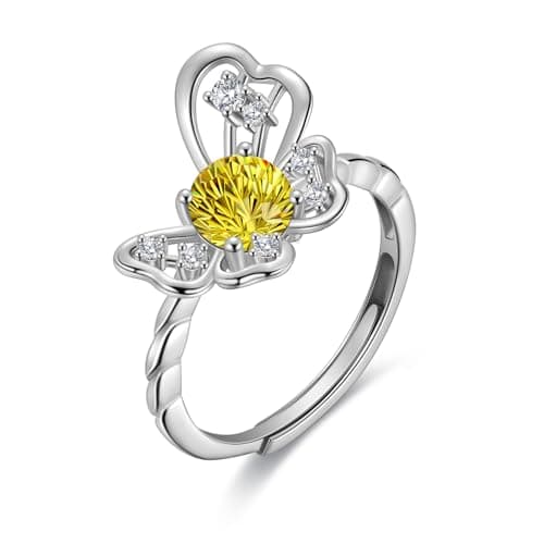 Birthstone Butterfly Opening Ring - 925 Sterling Silver Firework-Cut Yellow Cubic Zirconia Adjustable Ring Engagement Promise Ring Birthday Jewelry Gift for Women Wife Daughter November DR0165N