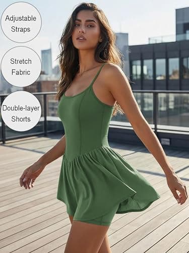Ekouaer Womens Summer Sleeveless Workout Rompers Athletic Jumpsuit Double Lined Shorts One Piece Gym Yoga Clothes Army Green - Thumbnail 2