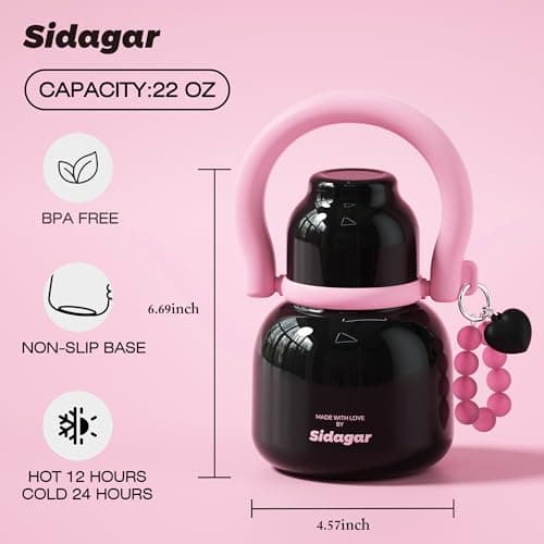 Sidagar 22 oz Water Bottle with Straw and Bowl, Unique Insulated Stainless Steel Tumbler, Spill-proof Reusable BPA-Free Cup, Pilates Wellness Study Travel, with Bonus Strap - Chocolate Black - Thumbnail 2