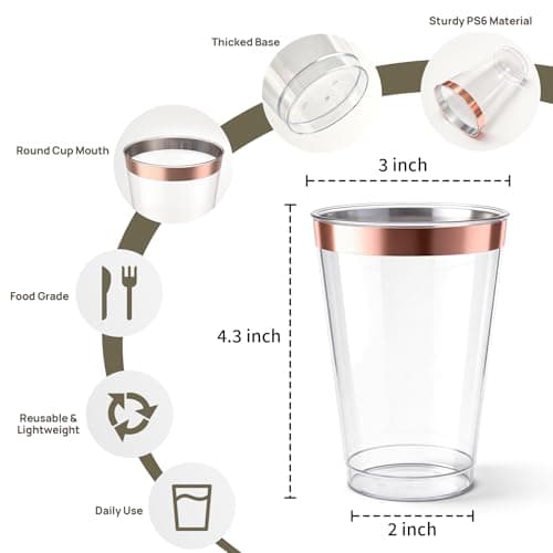 200 Pack 12oz Plastic Cups with Rose Gold Rimmed - Sturdy & Food Safe Plastic Wine Glasses Wedding Cups Party Cups Clear Cups Plastic Cocktail Glasses for Wine, Juice, Cocktails and Cold Beverages - Thumbnail 5