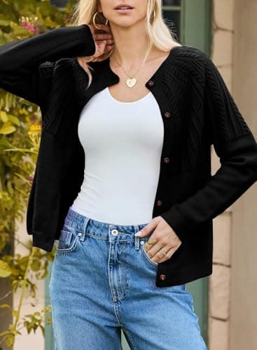 Dokotoo Black Cardigan Sweaters for Women Lightweight 2026 Fall Outfits Fashion Women's Open Front Long Sleeve Crewneck Crochet Knit Fashion Trendy Womens Cardigans Winter Sweaters - Thumbnail 4