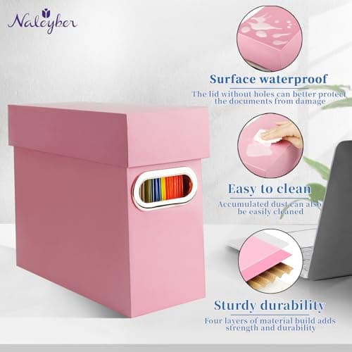 Naleyber File Organizer Box with Lid & Handle, Thickened Cardboard Hanging File Folder Storage Boxes for Letter Size, Portable Filing Organizer for Office, Home, Classroom, Pink 2 Pack - Thumbnail 4