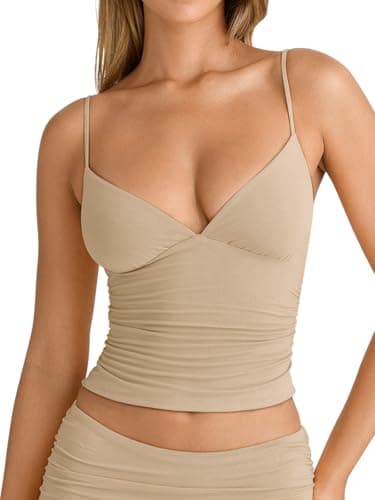 PINKMSTYLE Women's Sexy V Neck V Back Tank Top Summer Sleeveless Going Out Double Lined Basic Tops Nude X-Large - Image 1