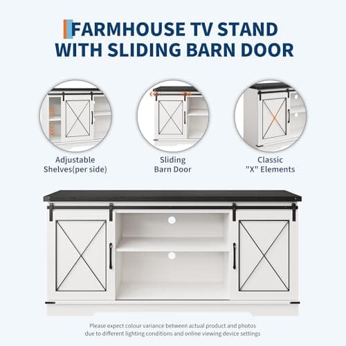 IDEALHOUSE Farmhouse TV Stand for TV up to 65 Inch, Entertainment Center with Sliding Barn Doors and Adjustable Shelves, Mid Century Modern Media Console Table for Living Room, White & Black - Thumbnail 5