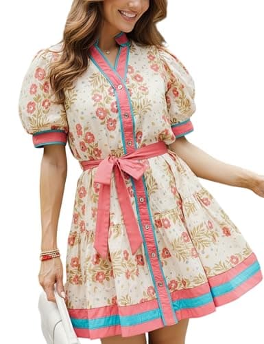 Mazilk Womens Summer Floral Mini Dress V Neck Short Puff Sleeve Button Down Boho Dresses for Teens Tie Waist(Coral,L) - Image 1