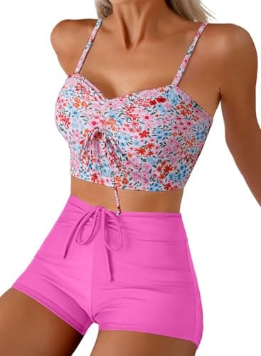 Herseas Tummy Control Bikini for Women Lace Up String Swimsuit Shapewear High Waisted Bathing Suit Bottom Cute Floral Swim Suits 2026 Teens Rose X-Large - Image 1