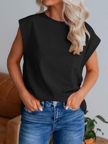 REORIA Womens Summer Sleeveless Cotton Tank Tops 2025 Spring Fashion Outfits Loose Fit Business Casual Dressy Basic Tees Shirts Plus Size Black XX Large - Thumbnail 4
