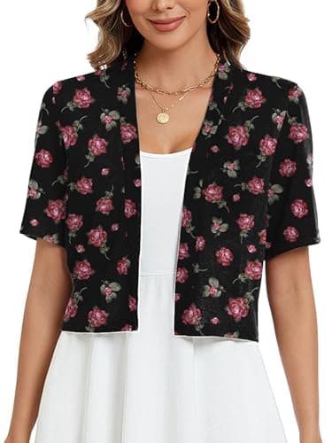 Heymoments Women's Thin Shrugs for Dresses Black Pink Rose XX-Large Open Front Short Sleeve Lightweight Coat Cropped Tops Shawls and Wraps Cardigan Dressy Clothes - Image 1