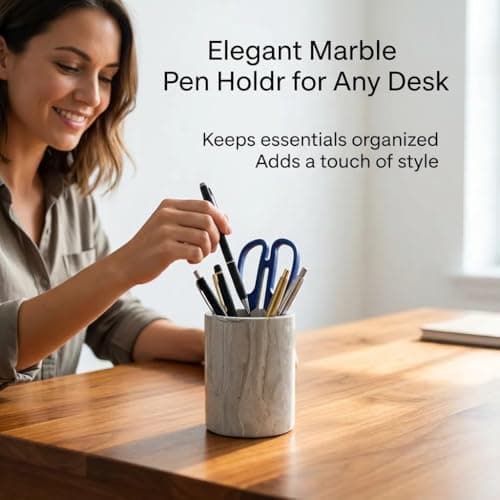 Pencil Holders&Pen Holdersr Stand for Desk Handmade,Unique Natural Marble,Sturdy Holds Stationery and Makeup Brushes Neatly With Anti-slip Base,Ideal Gift for Office and Home Use in Classic Grey - Thumbnail 4