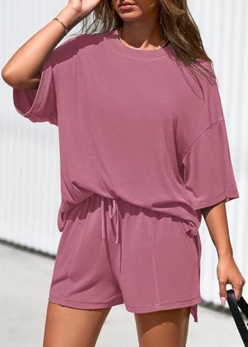 KIRUNDO 2 Piece Sets for Women Summer Lounge Sets Casual Oversized Tshirts Shorts Matching Airport Travel Outfits Postpartum(Pink, Small) - Thumbnail 4