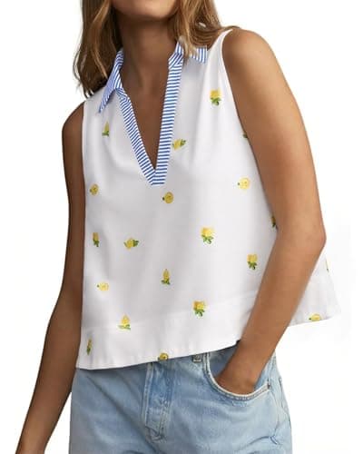 Tankaneo Womens Striped V Neck Tank Tops Summer Casual Collared Sleeveless Shirts Fruit Print Loose Fit Polo Shirt Blue - Image 1