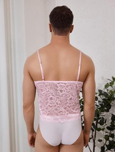 ABAFIP Men’s Sissy Lace Cami Top Floral Sheer Camisole Ruffle V-Neck Sleeveless Shirt See Through Undershirt Pink Medium - Thumbnail 3