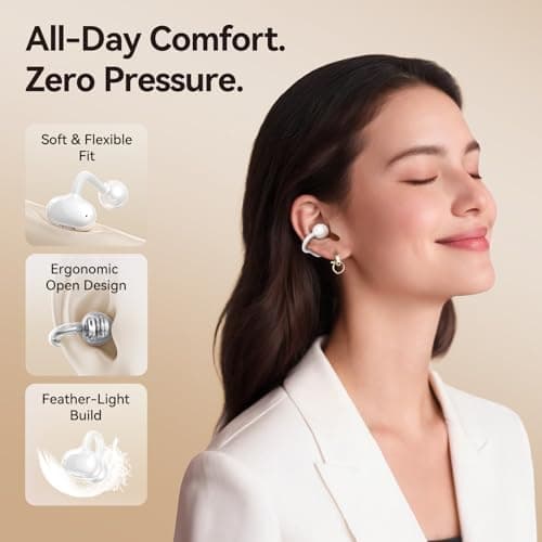 Kinglucky Jewelry-Inspired Clip-On Earbuds with Butterfly Earrings, Comfortable Fit & 40H Playtime Open Ear Bluetooth 5.4 Wireless Headphones for Women, Small Ears, Sports & Workouts (White) - Thumbnail 3