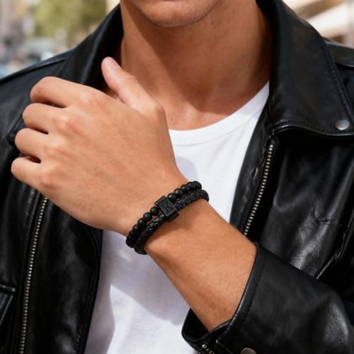 Initial Bracelet for Men Letter Handmade Natural Agate Stone Beaded Braided Black Leather Adjustable Cuff Meaningful Bracelets , Jewelry Gifts, Father's Day Gifts Matching Couple, 7.5-8.3 Inches - Thumbnail 3