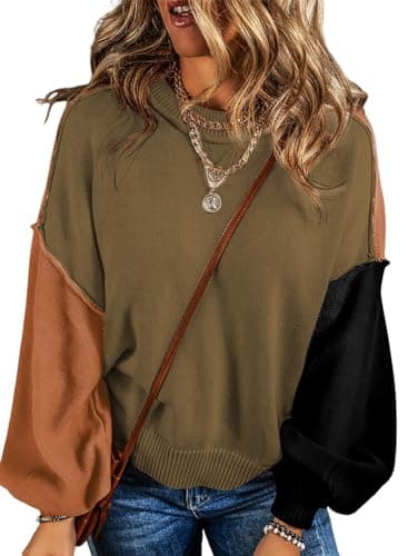 Dokotoo Sweaters for Women Crewneck Colorblock Long Sleeve Knit Ribbed Sweater Casual Loose Work Jumper Tops Fall Outfits for Women 2026 Jungle Green Large - Image 1