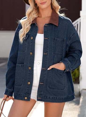 Dokotoo Denim Jacket For Women Long Sleeve Button Down Oversized Jean Jacket Denim Shirt Fall Clothes Winter Coats For Women Barn Jackets Shacket Coat With Pockets Dirty blue 2XL - Thumbnail 3