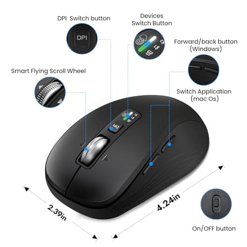 Wireless Bluetooth Mouse, 3-Device Multi-Mode (USB + 2 Bluetooth), 4-Way Metal Scroll Wheel, Adjustable DPI, Silent Click, Long Battery Life, Ergonomic Mouse for Laptop, PC, Mac, iPad (Black, 9) - Thumbnail 4