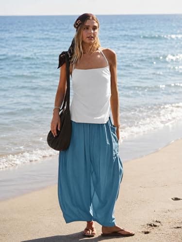 COCOMARTS Womens Linen Wide Leg Palazzo Pants Casual Loose Elastic Drawstring Flowy Pant 2025 Fall Travel Baggy Harem Pants with Pocket Lake Blue Large - Thumbnail 5