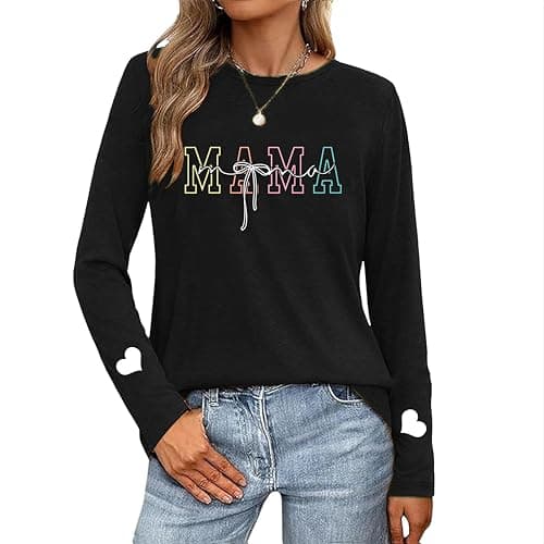 Mama Shirt Mama Long Sleeve Shirt Bow Graphic Tee for Women Mom Gifts Casual Tee Top - Image 1