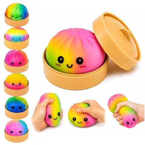 Pink Yellow Green Dumpling Squishies – Mystery Squishies Dumplings, Rainbow Colorful Squishys with Steamer Box, Soft TPR Bao Bun Squeeze Desk Toy, Washable Stress Ball Fidget Sensory Toy Gift - Image 1