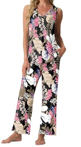 PrinStory Womens Pajama Sets Soft Knit Pjs 2 Piece Sleeveless Pajama Set Summer Lightweight Pj with Pockets Big Leaf Pink-2XL - Thumbnail 5