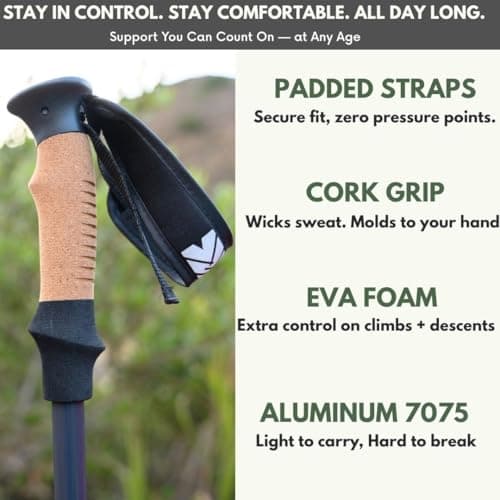 Outsura Trekking Poles for Hiking Collapsible Lightweight Aircraft Graded Aluminum Hiking Poles with Cork Grip & Quick Lock, Pair of 2 Walking Sticks for Seniors Trail & Backpacking - Thumbnail 4