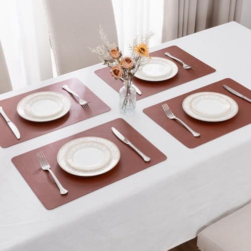 SHACOS Faux Cowhide Leather Placemats Set of 6, Wipeable Heat Resistant Table Mats, Stain Resistant Double Sided Reversible PU Place Mats for Dining Table Kitchen Restaurants, Chestnut and Gray Beige - Thumbnail 6