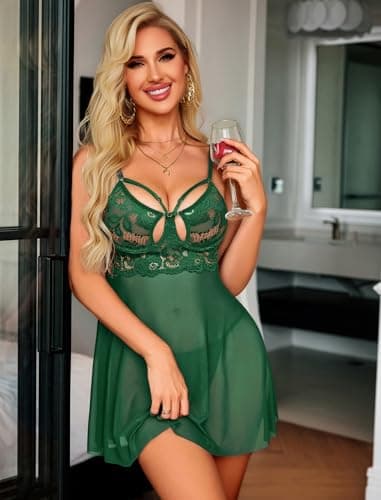 Avidlove Sexy Underwire Lingerie for Women V Neck Push Up Babydoll Lingerie Sheer Lace Chemise Lake Green M - Thumbnail 4