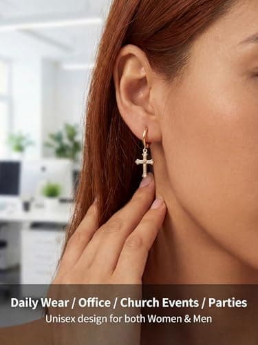 YOLYMODA Cross Dangle Drop Earrings for Women Men - Trendy Dainty 14K Gold Plated Dangly Huggie Hoop Earrings with Sparkling CZ, Chic Faith 925 Sterling Silver Post Jewelry Gift, 1.16" Long - Thumbnail 5