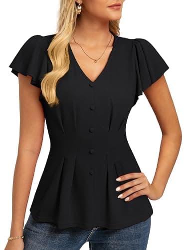 GRACE KARIN Summer Blouses for Women Dressy Casual, 2026 Ruffle Sleeve Peplum Tops, V Neck Business Work Shirts Black 2XL - Image 1