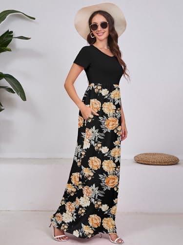 DEARCASE Women Long Maxi Dress Flower Yellow Black Small Crewneck Boho Short Sleeve A-line Casual Hawaiian Flowy Party Vintage Spring Summer Beach Dresses with Pockets - Thumbnail 5