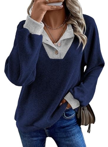 EVALESS Womens Fall Fashion 2026 Long Sleeve Shirts Patchwork Button Up V Neck Sweatshirt for Women Casual Trendy Pullover Teacher Outfits Tops Sail Blue X-Large - Image 1