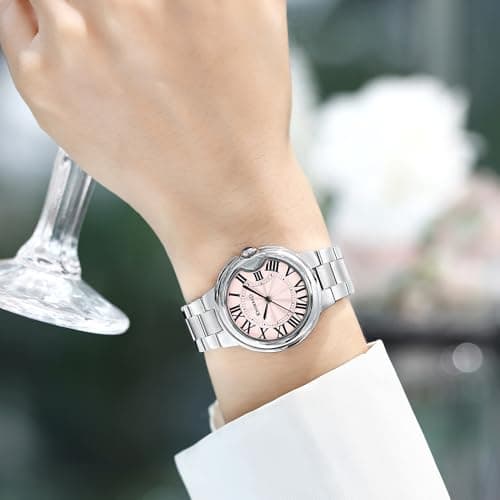 KNISKRED Classic Watch for Women with Vintage Roman Numerals and Solid Stainless Steel Band Ladies Casual Watch (Silver Pink) - Thumbnail 2