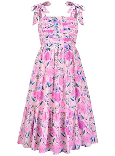 Dolxico Girls Floral Dress Summer Smocked Chiffon Tiered Cami Dresses with Pockets Kids Hawaiian Beach Vacation Party Wedding Birthday A-Line Midi Sundress for 7-8 Years(Purple Floral) - Image 1