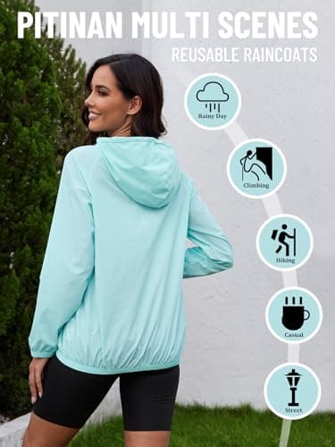 PITINAN Womens Rain Coat Lightweight Waterproof Outdoor Rain Jacket Hooded Packable Rain Jacket Women Rain Coat for Women Waterproof Windbreaker Womens Hiking Rain Jacket Light Blue L - Thumbnail 3