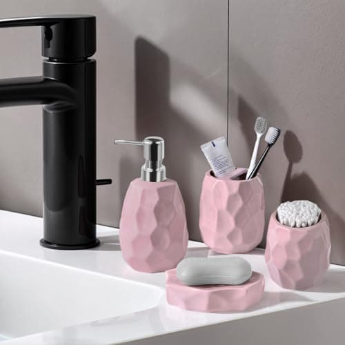 Ceramic Bathroom Accessories Set 4 PCS,Bathroom Toothbrush Holder Set,Soap and Toothbrush Holder Set,Include Toothbrush Holder,Soap Dispenser,Tumbler,Soap Dish,Bathroom Sets Decor Organizer (Pink) - Thumbnail 4