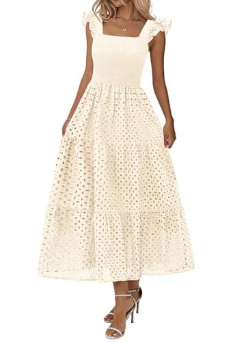 Lazysmile Womens Summer Maxi Dress Square Neck Ruffle Cap Sleeve Hollow Out Eyelet Smocked Tiered A Line Boho Sundress Apricot - Image 1